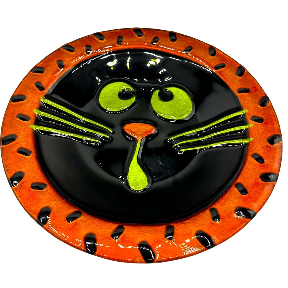 Halloween Black Cat Glass Platter Plate Artist Fused Painted Glass